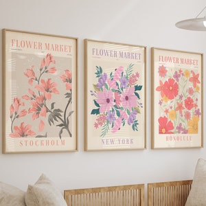 Flower Market Set of 3 Prints, Wall Art Print, Botanical Print Set, Gallery Wall Set, Floral Prints, Exhibition Poster Set, Digital Download