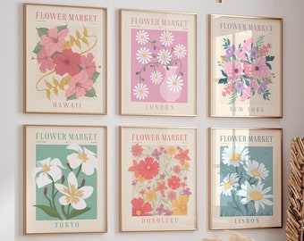 Flower Market Print, Set of 6, Botanical Wall Art, Floral Drawing ...