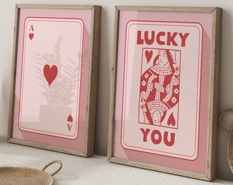 Retro Wall Art Set of 2, Lucky You Print, Pink Card Print, Queen Funky Art Print, Modern Wall Art, Playing Cards Colorful Wall Art, Digital