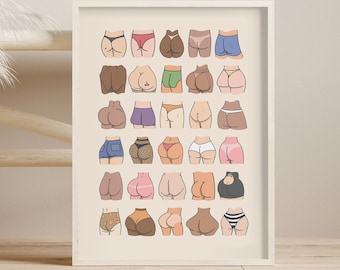 Impressão de bundas, placas engraçadas de banheiro, desenho de linha de bunda, pôster feminista, arte corporal positiva, arte de bunda, impressão de arte minimalista, download digital