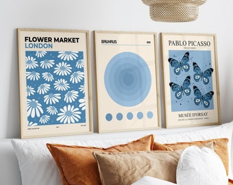 Blue Gallery Wall Set van 3, Lichtblauwe Muurkunst, Bloemenmarkt, Modern Muurdecor, Blauwe Prints, Woonkamermuurdecor, Afdrukbare Muurkunst