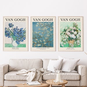 May include: Three framed prints of famous Vincent van Gogh paintings. The prints feature "Irises", "Almond Blossom", and "Roses". Each print includes the title of the painting and the year it was created.
