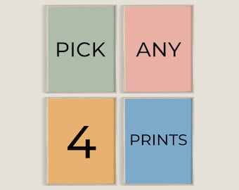 Elija sus propias 4 impresiones digitales, elija 4 impresiones, conjunto de pared de galería personalizado, arte de pared imprimible, obras de arte personalizadas, sala de estar, conjunto de 4 impresiones