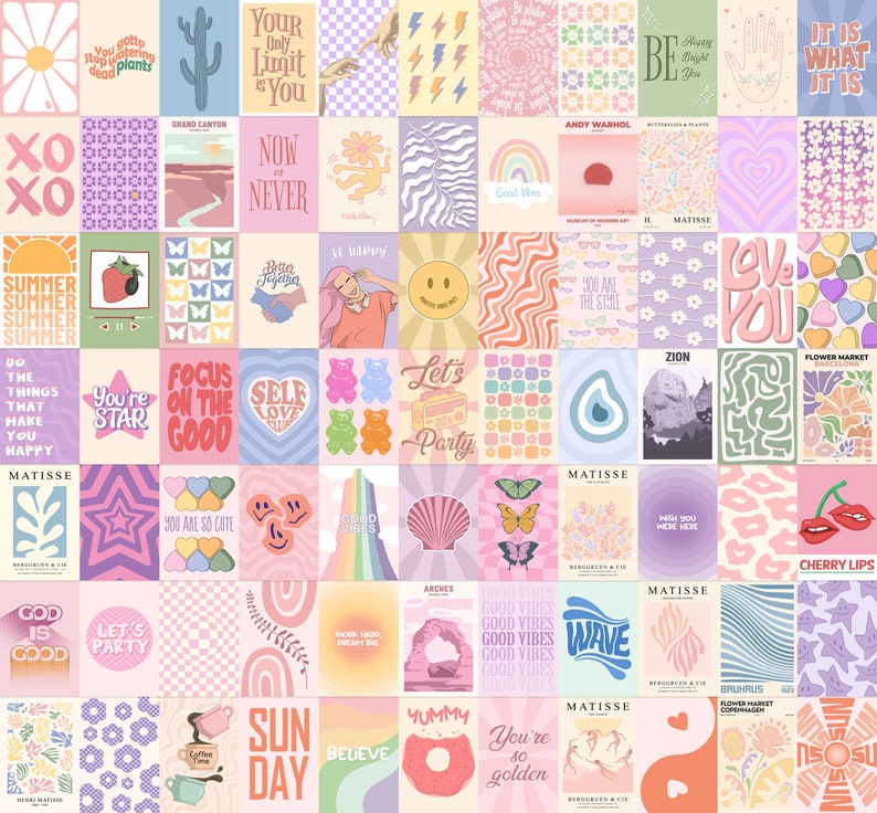 May include: A collage of colorful digital art prints with various designs and text. The prints feature a variety of themes, including nature, self-love, and positivity. Some of the text includes "Good Vibes", "Let's Party", "You're the Star", and "Self Love".