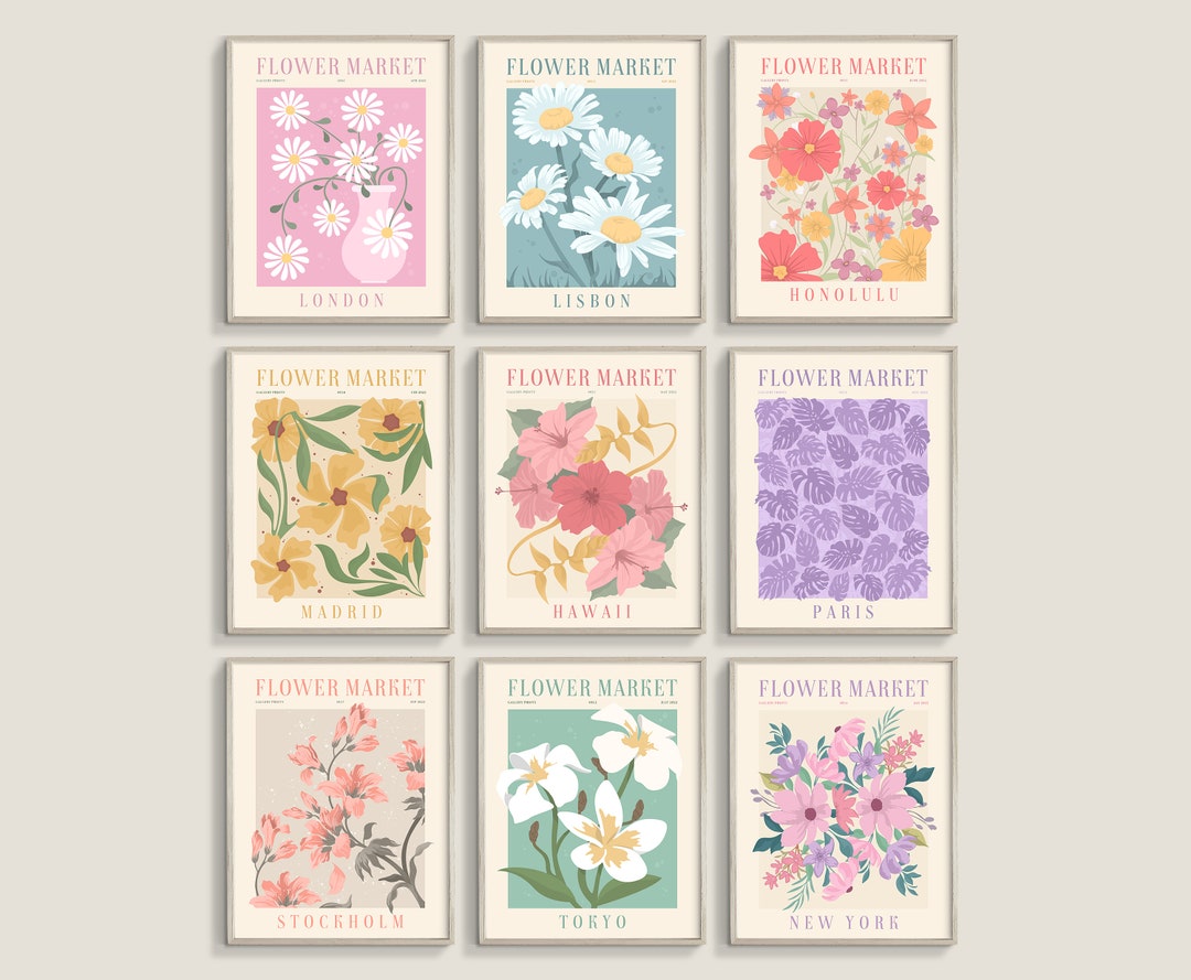 Flower Market Print, Set of 9, Botanical Wall Art, Floral Drawing ...