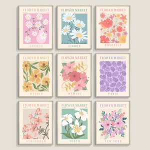 Impression du marché aux fleurs, lot de 9, art mural botanique, affiches de dessin floral, ensemble d'art mural personnalisé, impression Paris, Londres, tirages téléchargement numérique