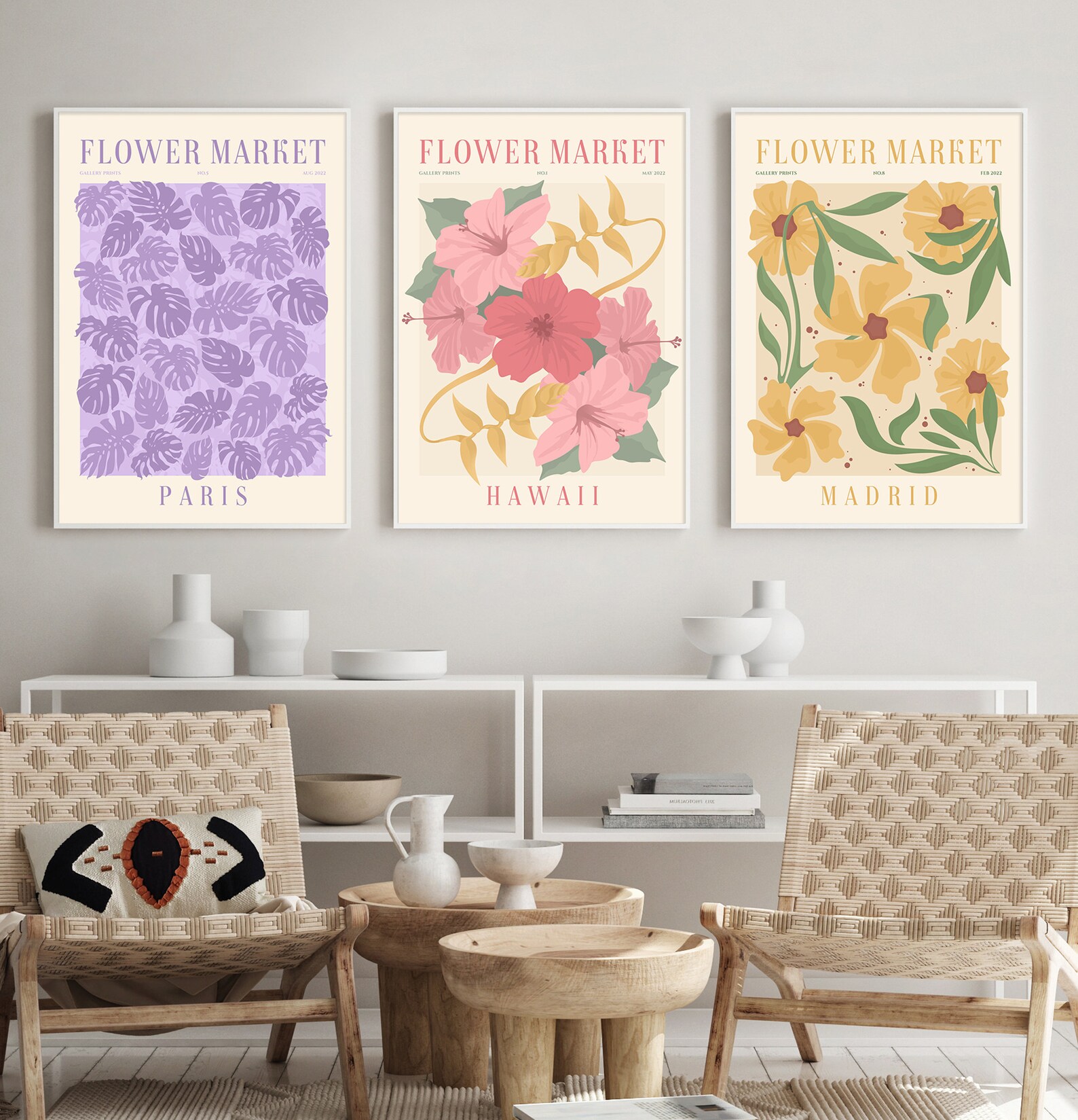 Flower Market Print, Set of 12, Botanical Wall Art, Floral Drawing ...