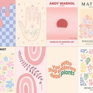 May include: A collage of nine colorful posters with various designs. The posters feature a hand with a star and floral design, a sunset, a floral pattern, a rainbow, a text-based design that says "You gotta stop watering dead plants", a floral pattern, and a floral pattern with the text "Henri Matisse 1869-1954".