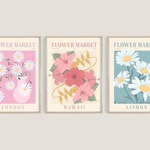 Flower Market Print, Set of 9, Botanical Wall Art, Floral Drawing ...