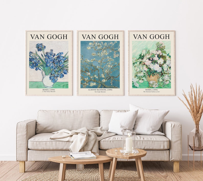 May include: Three framed prints of famous Vincent van Gogh paintings. The prints feature "Irises", "Almond Blossom", and "Roses". Each print includes the title of the painting and the year it was created.