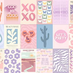May include: A collage of 12 colorful digital art prints featuring various designs, including text, geometric shapes, and floral patterns. The prints are arranged in a grid format and have a retro aesthetic.