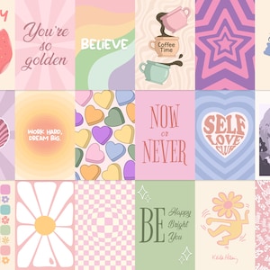 May include: A collage of 12 colorful digital illustrations with motivational quotes and designs. The illustrations include a donut, a seashell, hearts, a coffee cup, a star, a handshake, a mountain, a daisy, a checkered pattern, and a flower.