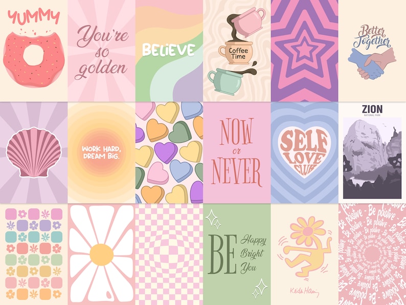 May include: A collage of 12 colorful digital illustrations with motivational quotes and designs. The illustrations include a donut, a seashell, hearts, a coffee cup, a star, a handshake, a mountain, a daisy, a checkered pattern, and a flower.