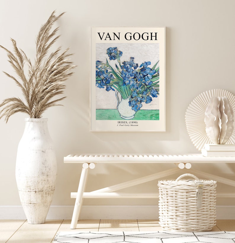 May include: A poster featuring a painting of a vase of blue irises by Vincent van Gogh. The title of the painting is "Irises, (1890)" and the museum where it is located is listed as "J. Paul Getty Museum".