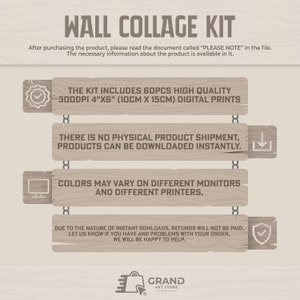 May include: A digital download wall collage kit with 60 high-quality prints, each measuring 4 inches by 6 inches (10 cm by 15 cm). The kit includes a checkmark icon, a download icon, and a computer monitor icon. The text "PLEASE NOTE" is visible in the image.