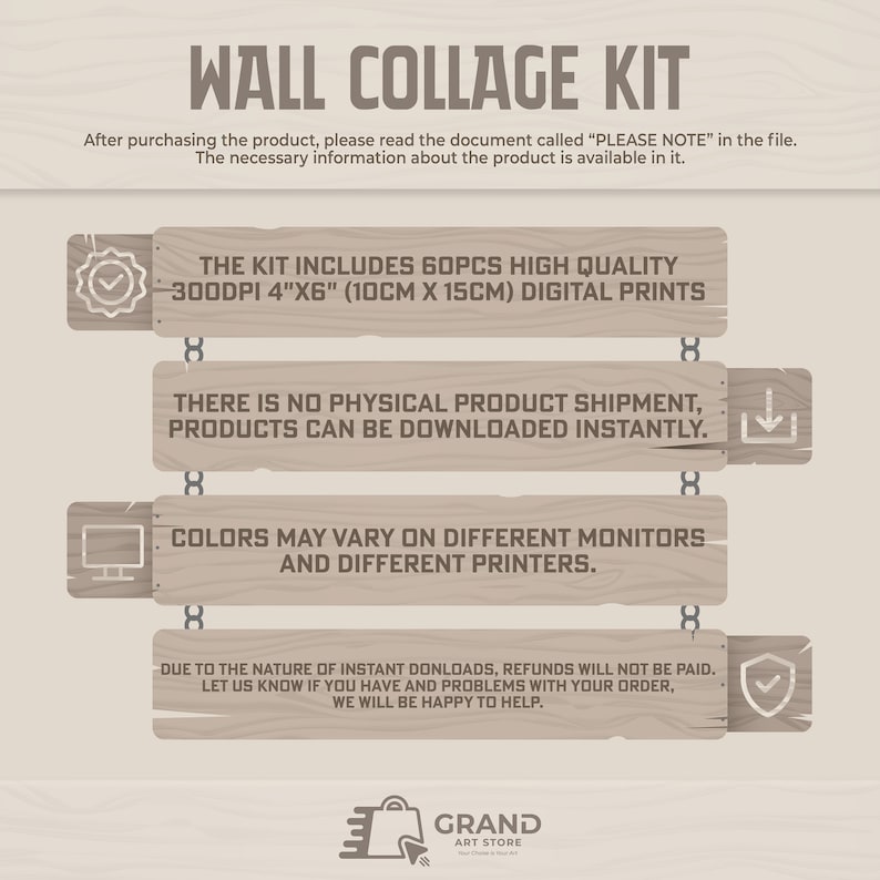 May include: A digital download wall collage kit with 60 high-quality prints, each measuring 4 inches by 6 inches (10 cm by 15 cm). The kit includes a checkmark icon, a download icon, and a computer monitor icon. The text "PLEASE NOTE" is visible in the image.