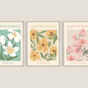 Flower Market Print, Set of 9, Botanical Wall Art, Floral Drawing ...