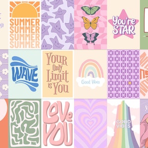 May include: A collection of 16 colorful digital illustrations with various themes, including summer, good vibes, love, and happiness. The illustrations feature text, patterns, and abstract shapes.