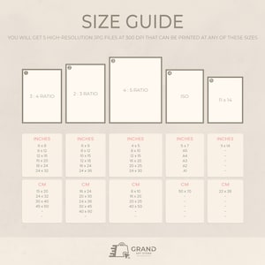 May include: A size guide for digital art prints, showing five different aspect ratios and their corresponding measurements in inches and centimetres. The guide includes standard sizes like 6x8 inches, 8x10 inches, and 11x14 inches, as well as ISO paper sizes like A5, A4, and A3.