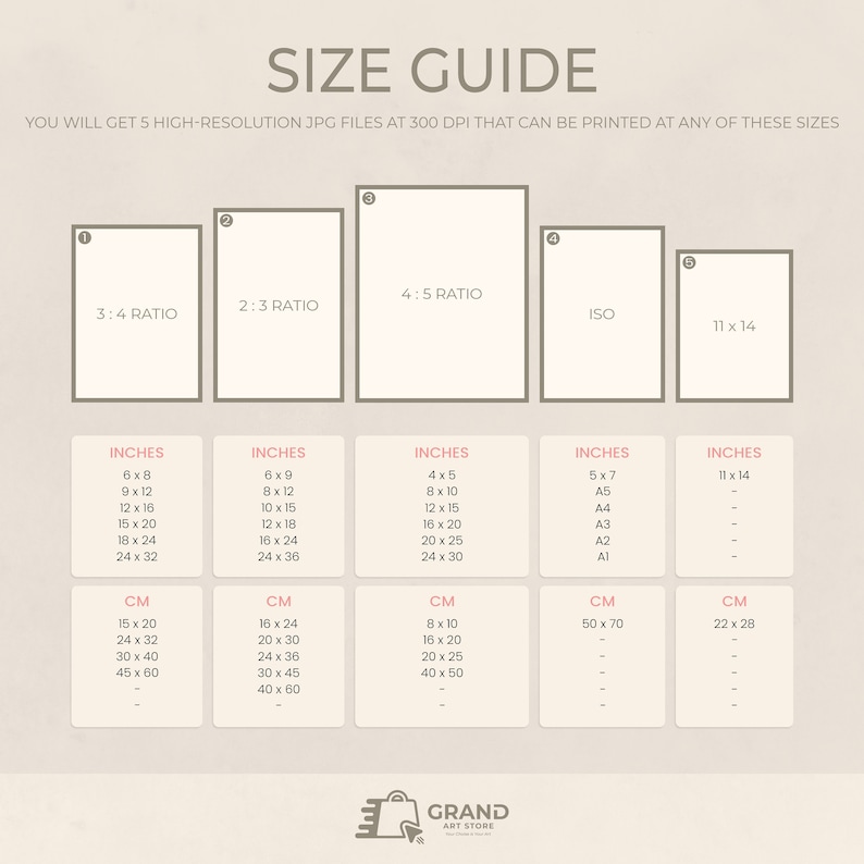May include: A size guide for digital art prints, showing five different aspect ratios and their corresponding measurements in inches and centimetres. The guide includes standard sizes like 6x8 inches, 8x10 inches, and 11x14 inches, as well as ISO paper sizes like A5, A4, and A3.