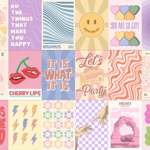 May include: A collage of 12 colorful posters with various designs and text. The posters feature a variety of themes, including flowers, hearts, butterflies, and geometric patterns. Some of the text on the posters includes "Do the things that make you happy", "It is what it is", "Let's 80's Party", "You are so cute", and "Wish you were here".