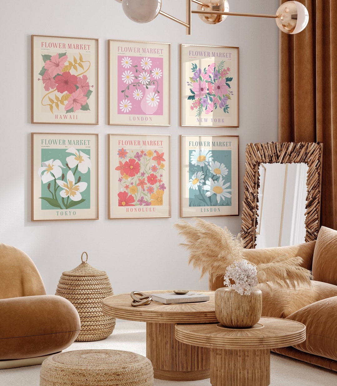 Flower Market Print, Set of 6, Botanical Wall Art, Floral Drawing ...