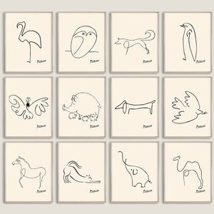 Picasso-Tier-Linienzeichnung, Picasso-Druck, 12er-Set, Tier-Skizzendruck, One-Line-Kunst, Kinderzimmer-Tierkunst-Set, minimalistisches Wandkunst-Poster