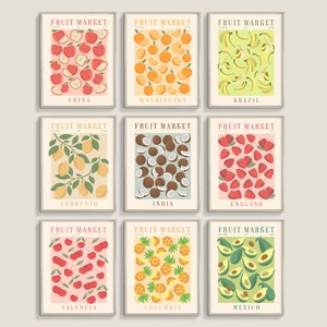 Impressão de mercado de flores, conjunto de 9, impressão de mercado de frutas, arte botânica de parede, pôster de desenho floral, conjunto de arte de parede personalizado, impressões digitais para download