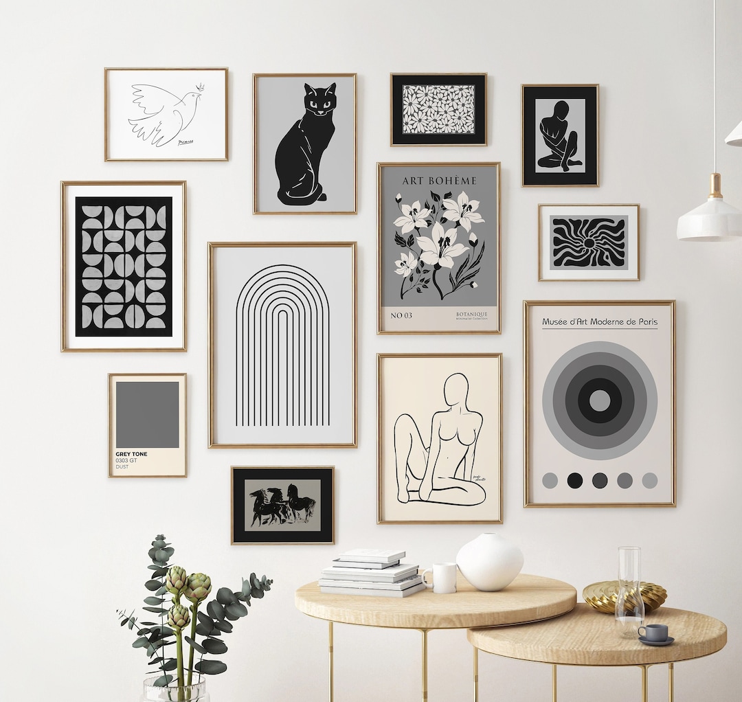 Modern Gallery Wall Set of 12, Printable Wall Art, Black and White