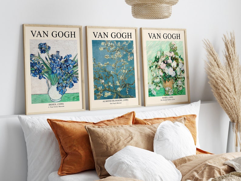May include: Three framed prints of famous Van Gogh paintings. The prints feature Irises, Almond Blossom, and Roses. Each print has the title of the painting, the year it was painted, and the museum where it is located.