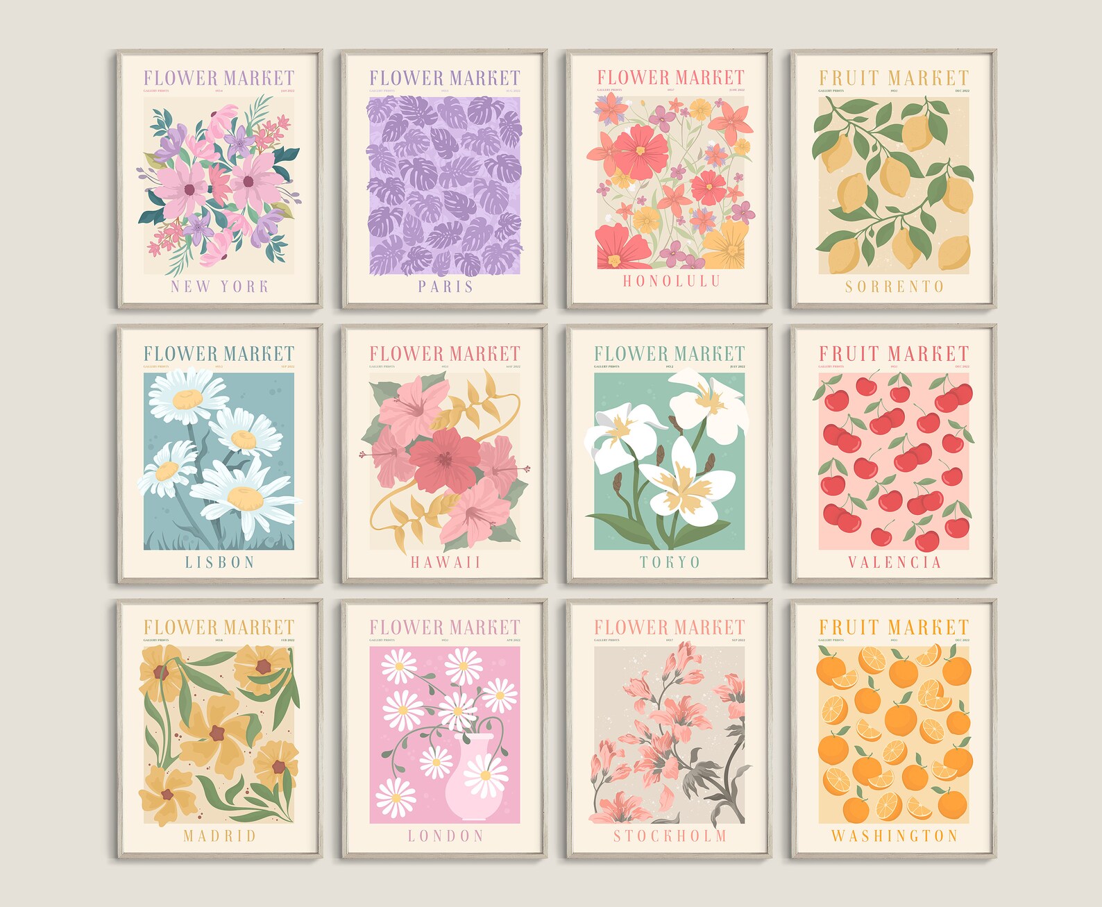 Flower Market Print, Set of 12, Botanical Wall Art, Floral Drawing ...