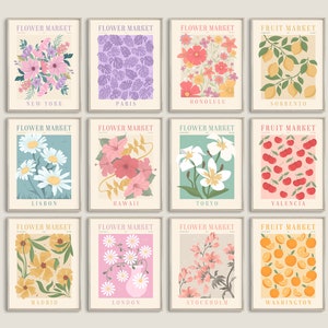 Impression du marché aux fleurs, lot de 12, art mural botanique, affiche de dessin floral, ensemble d'art mural personnalisé, Paris, Londres, impression téléchargement numérique