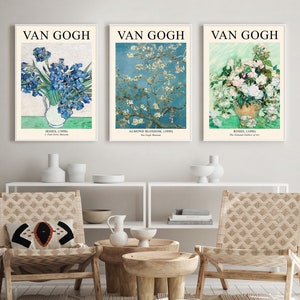 May include: Three framed art prints featuring famous paintings by Vincent van Gogh. The prints are titled "Irises, (1890)", "Almond Blossom, (1890)", and "Roses, (1890)".
