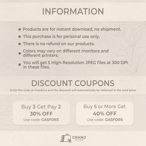 May include: A digital download coupon code for 30% off when you buy 3 items and 40% off when you buy 5 or more items. The code is GASFOR3 for the 30% off discount and GASFOR5 for the 40% off discount.