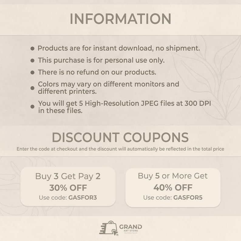 May include: A digital download coupon code for 30% off when you buy 3 items and 40% off when you buy 5 or more items. The code is GASFOR3 for the 30% off discount and GASFOR5 for the 40% off discount.