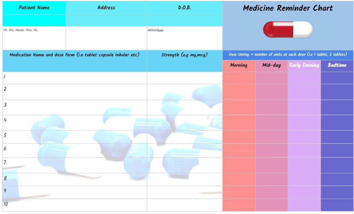 Printable Medicines Reminder Chart for 10 Medications Etsy