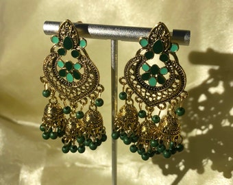 Traditional Indian Jhumka Set - Green Earrings - Indian Earrings - Asian Jewellery - Indian Asian Earrings