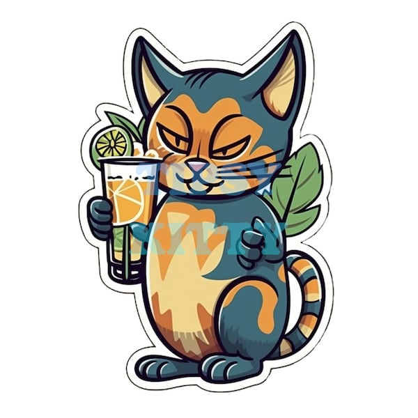 Tipsy Tiki Kitty Instant Digital Download - jpg, png, tiff, psd file | Cricut use, Tropical Cat, Vinyl Decal Design, Tiki Sticker, Tiki Cat