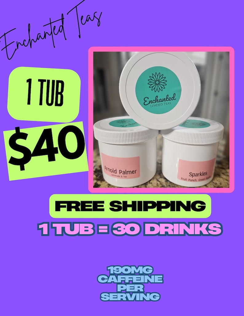 Op de afbeelding: Witte tubes van Enchanted Teas met teal en roze etiketten. De bovenste tube heeft een teal bloemlogo. Tekst bevat "Arnold Palmer" en "Sparkles". De afbeelding toont ook "1 TUB", "$40" en "190MG CAFE&Iuml;NE PER PORTIE".