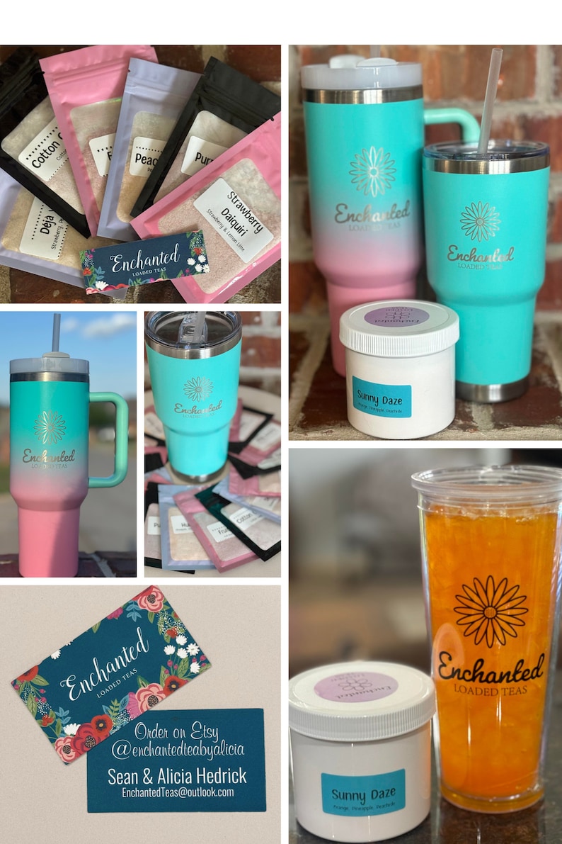 May include: A collection of Enchanted Loaded Teas products, including a variety of tea mixes, a pink and turquoise tumbler, and a white jar with the text "Sunny Daze". The image also includes a business card with the text "Enchanted Loaded Teas" and contact information for ordering on Etsy.
