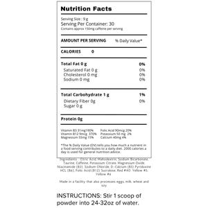 May include: A white and black nutrition facts label detailing the nutritional information of a product. The label includes serving size, calories, total fat, carbohydrates, protein, and vitamin content. Instructions are included.