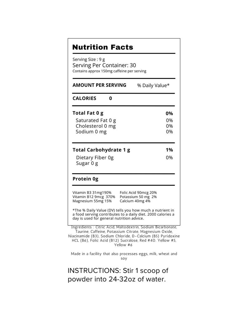 May include: A white and black nutrition facts label detailing the nutritional information of a product. The label includes serving size, calories, total fat, carbohydrates, protein, and vitamin content. Instructions are included.
