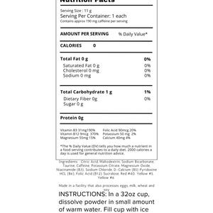 May include: Nutrition facts label for a powdered drink mix. The label lists the ingredients, serving size, and daily value of each nutrient. The label also includes instructions for dissolving the powder in water.