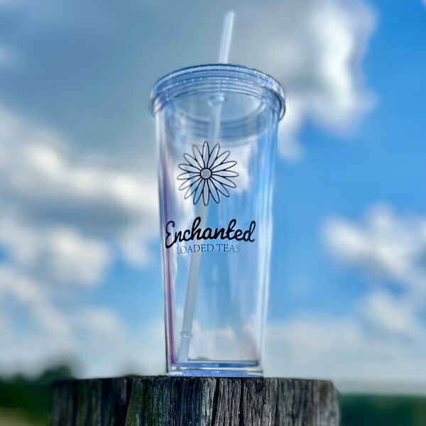 Clear Tumbler with Straw Floral Branded Enchanted Teas Acrylic Cold Heat Resistant Insulated Travel Cup for Water Tea Coffee