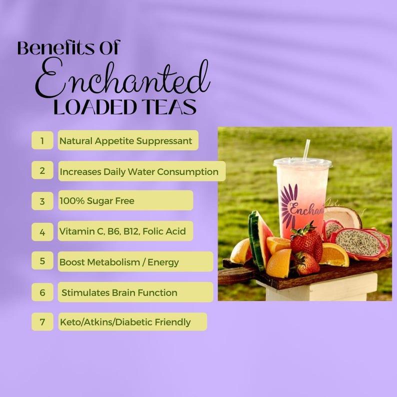 May include: An image promoting "Enchanted Loaded Teas" with a clear plastic cup filled with a pink beverage, a straw, and a logo. The image also features various fruits like strawberries, oranges, and dragon fruit. Text highlights benefits such as appetite suppression and energy boost.
