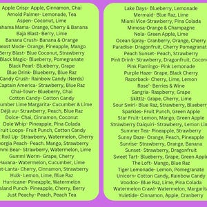 May include: A list of various drink flavor combinations, displayed on a purple and green background. The text includes names like "Apple Crisp," "Bahama Mama," and "Lake Days," with ingredients listed below each name. The image is a guide for drink recipes.