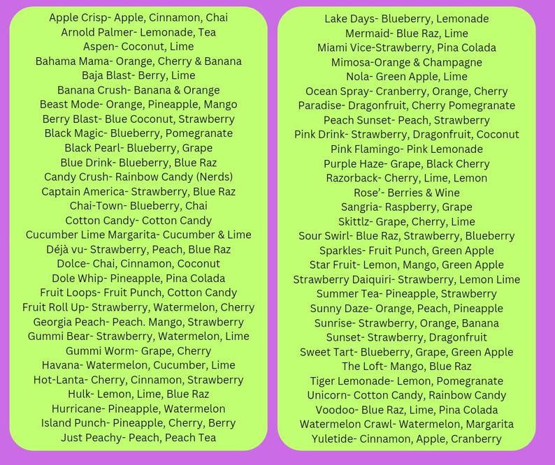 May include: A list of various drink flavor combinations, displayed on a purple and green background. The text includes names like "Apple Crisp," "Bahama Mama," and "Lake Days," with ingredients listed below each name. The image is a guide for drink recipes.