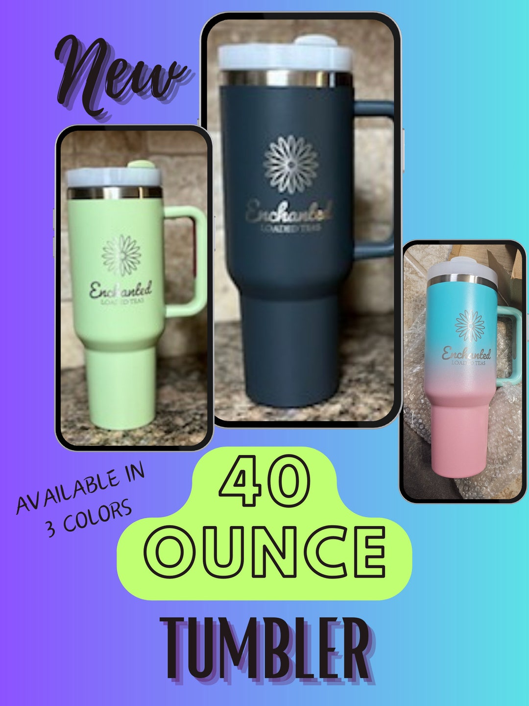 40 Ounce Tumbler With Handle stanley Style 3 Colors Free Shipping Enchanted Tea Laser Engraved