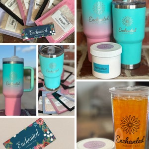 May include: A collection of Enchanted Loaded Teas products, including a variety of tea mixes, a pink and turquoise tumbler, and a white jar with the text "Sunny Daze". The image also includes a business card with the text "Enchanted Loaded Teas" and contact information for ordering on Etsy.