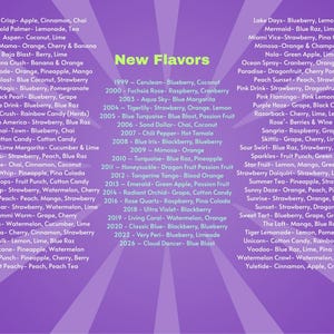 May include: A purple graphic with a list of "New Flavors" for a product, featuring various fruit and flavor combinations. The text is in white and arranged in columns.